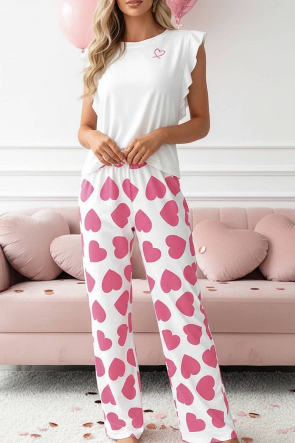 Valentine Ruffled Heart Print Lounge Set