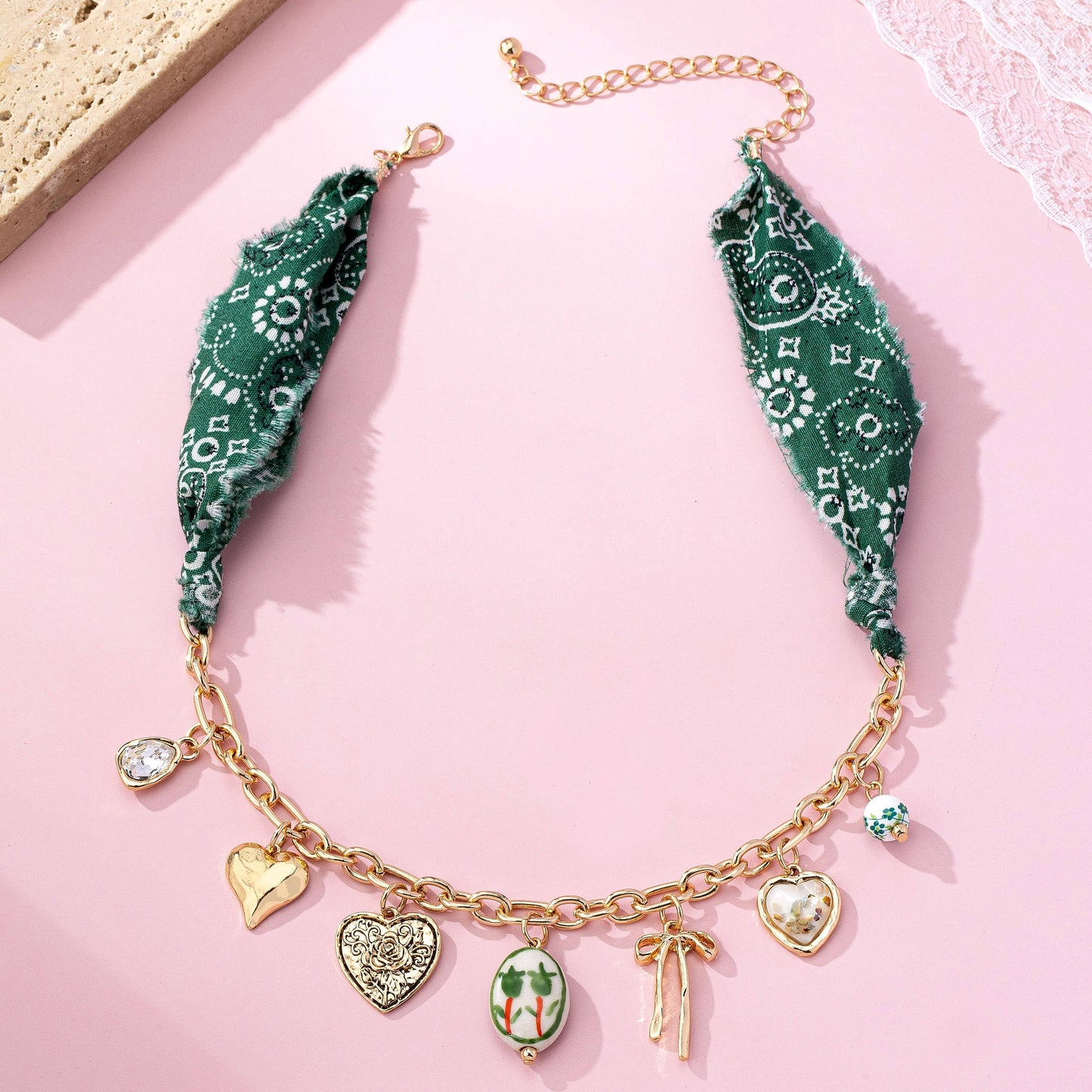 SCARF CHARM NECKLACE-PORCELAIN HEART BOW |