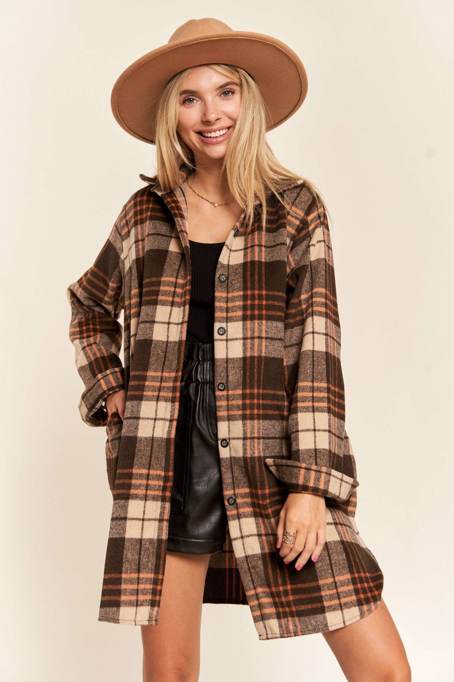 R&Blk BUTTON DOWN FLANNEL SHACKET