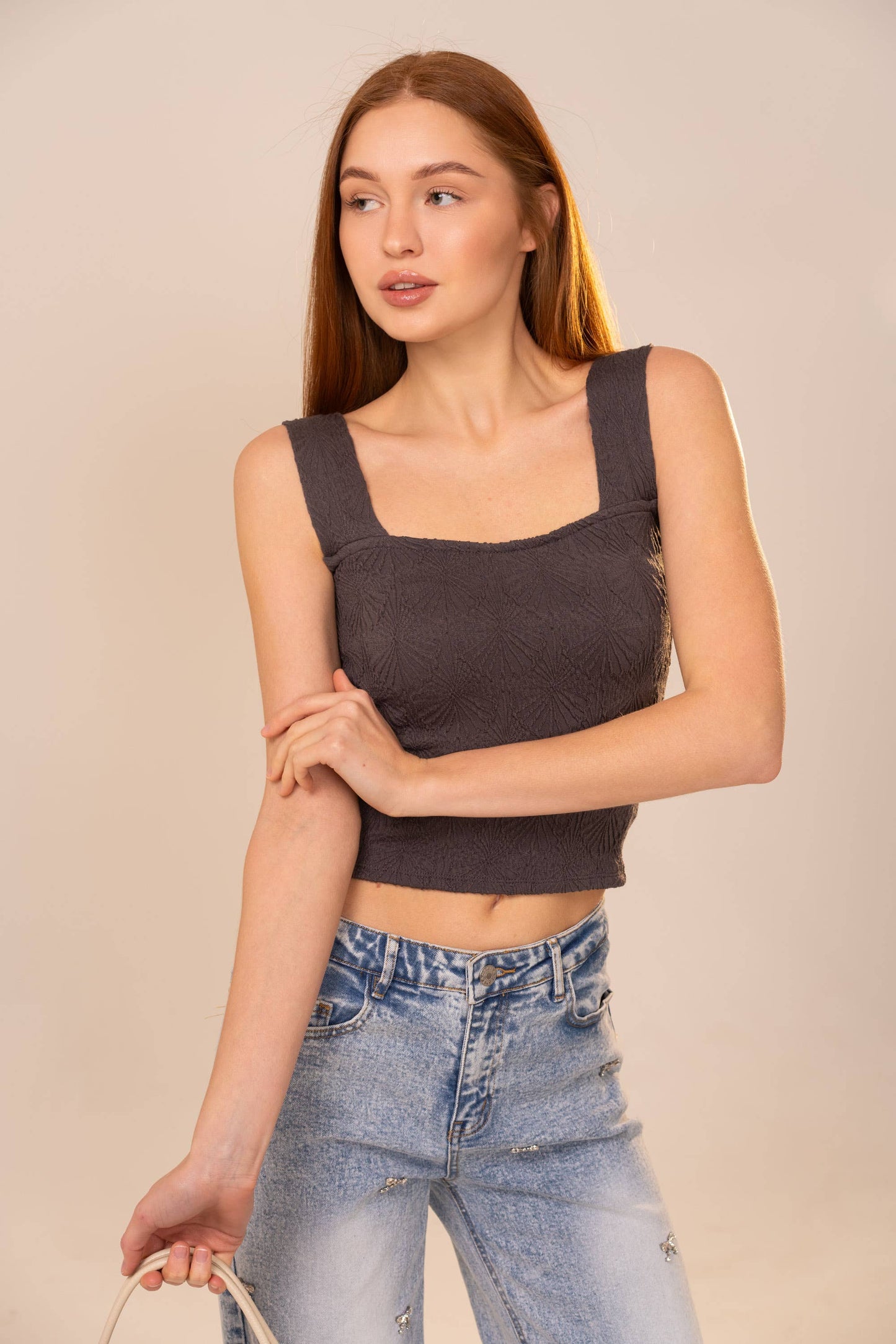 Charcoal Knit Square Neck Crop Top
