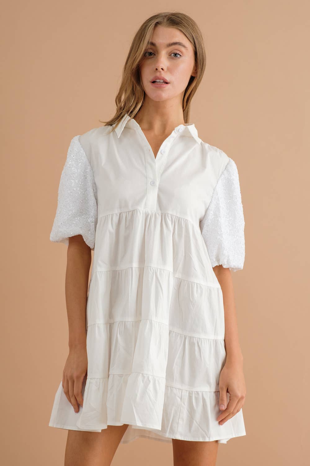 Sequin Puff Tiered Button Up Dress
