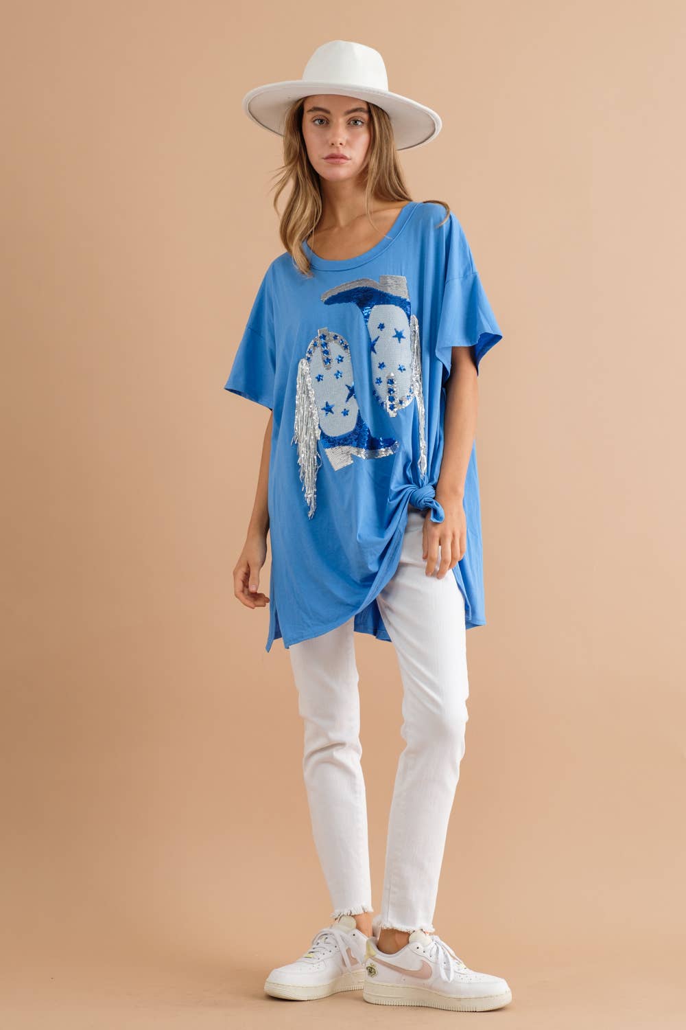 Cotton Sequin Western Boot Fringe Loose Side Tee