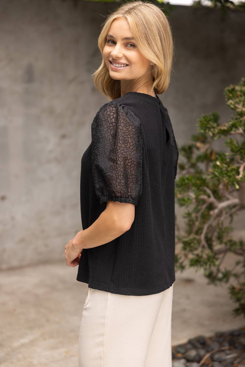 Floral Organza Puff Sleeve Waffle Knit