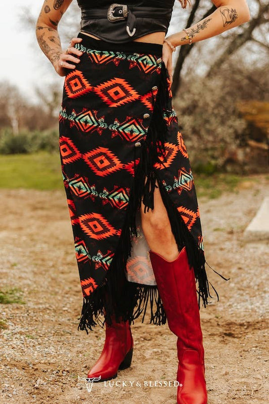 Aztec Concho Button Wrap Fringe Skirt