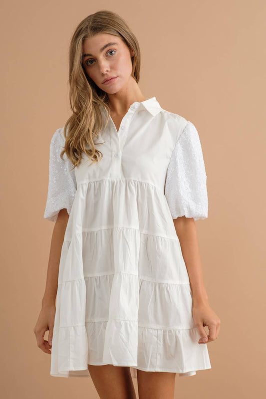 Sequin Puff Tiered Button Up Dress