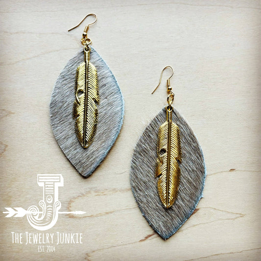 **Hair Hide Leather Oval Earrings Tan w/ Gold Feather 219r