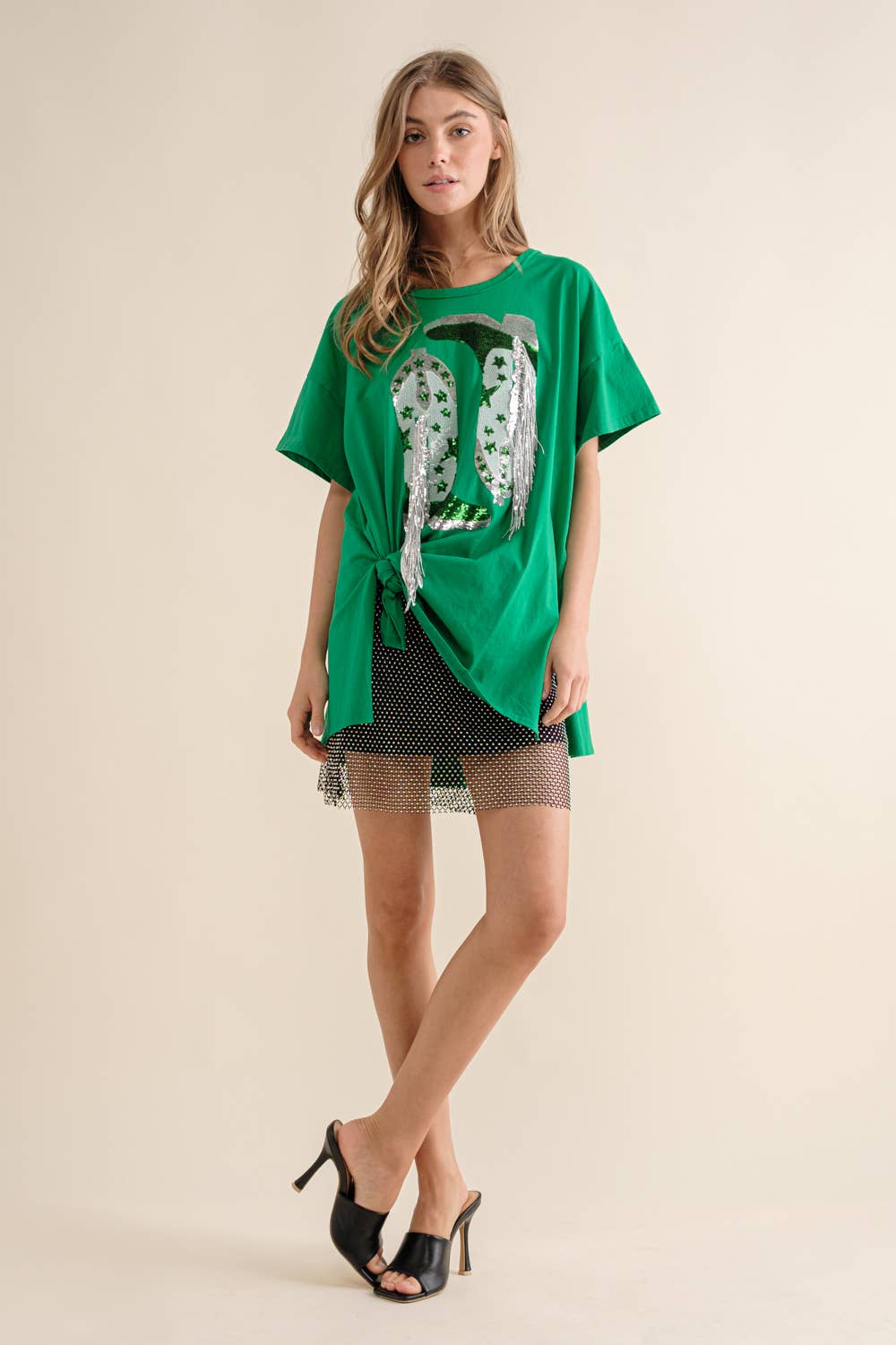 Cotton Sequin Western Boot Fringe Loose Side Tee
