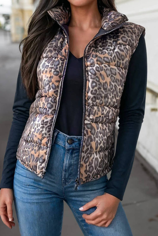 Leopard Quilted Full Zipper Casual Puff Vest