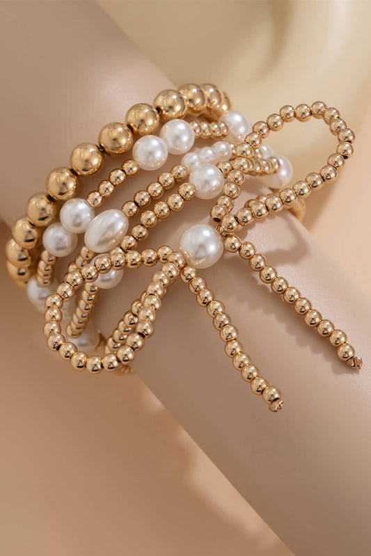 Bow Knot Pearl gold Beaded Layered Bracelet