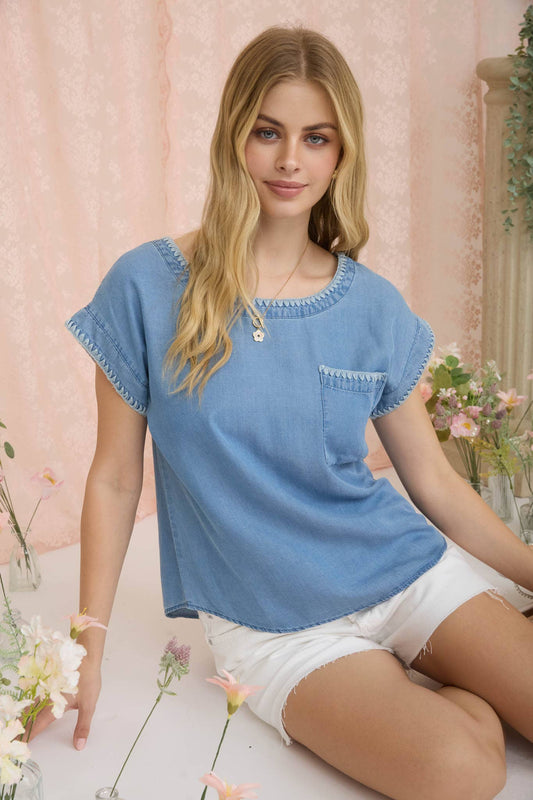 Edge Stitched Denim Top