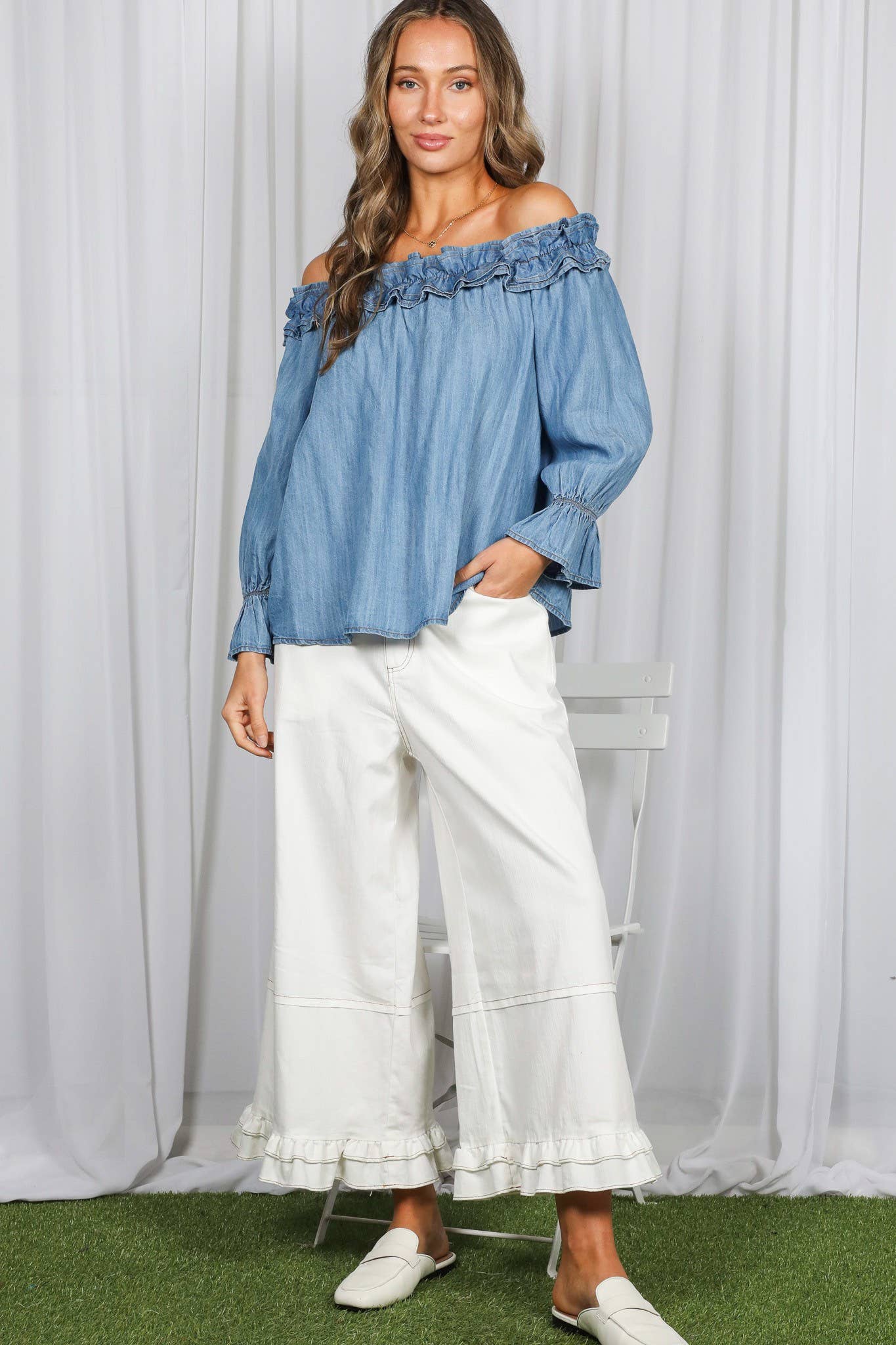 Denim Casual Off Shoulder Chambray Blouse