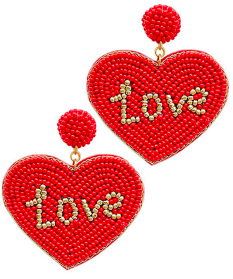 Red Beaded Love Heart Earrings | Valentine's Earring