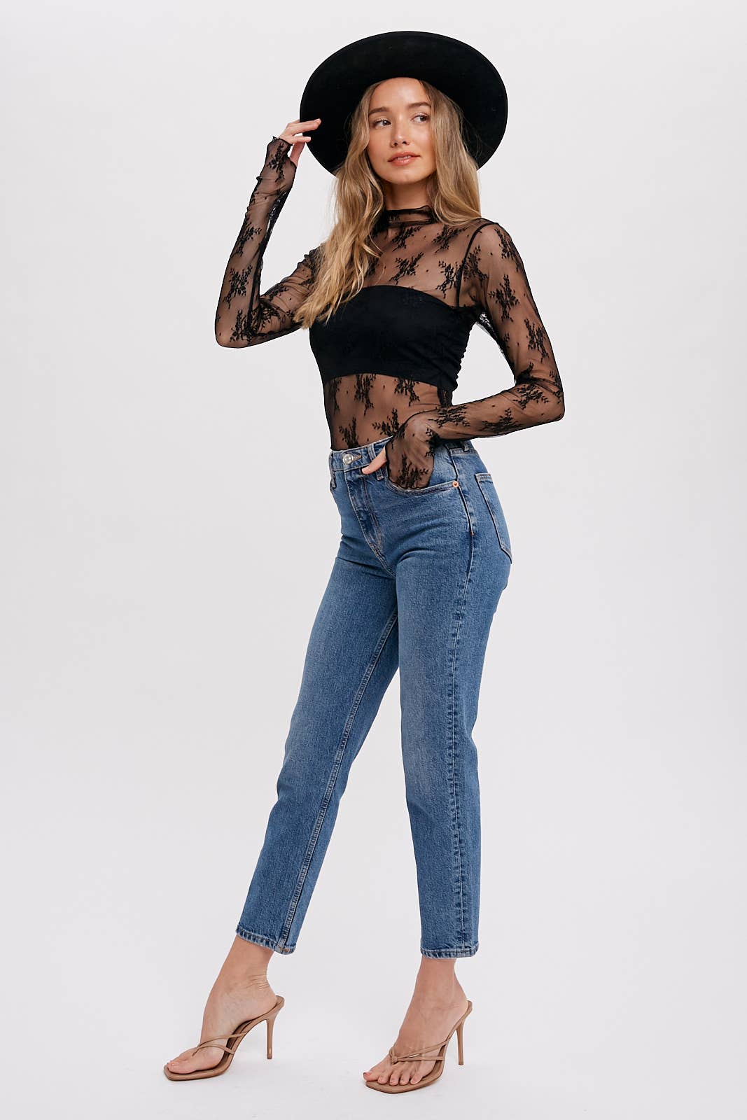 FLORAL LACE MESH TOP BLK