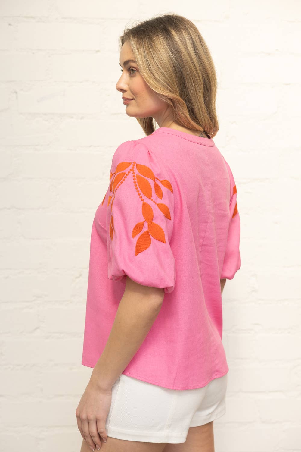 Floral Embroidered Bubble Sleeve V-Neck Top