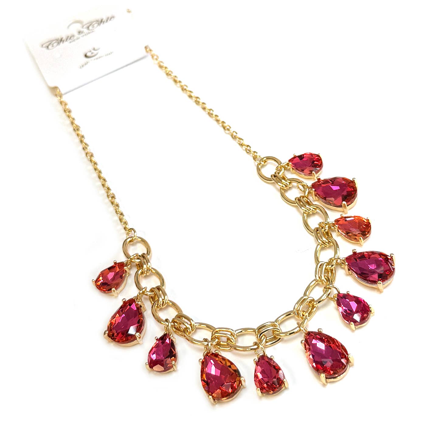 Sparkly Pink Teardrop Crystal Glass Charms Paparazzi Necklace