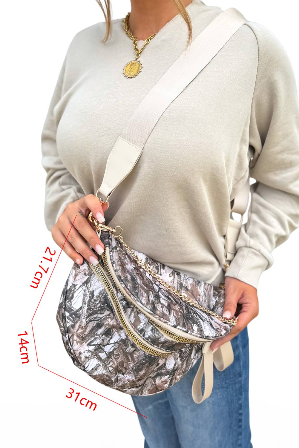 Camo / Polka Dot Print Gold Chain Strap Zipper Crossbody Bag