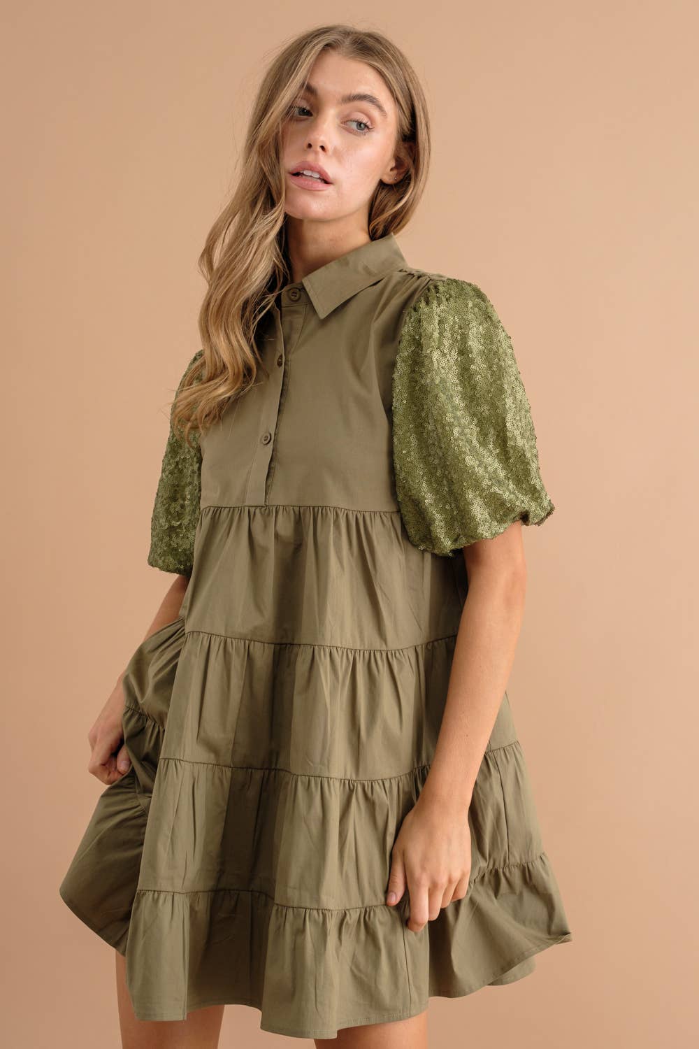 Sequin Puff Tiered Button Up Dress