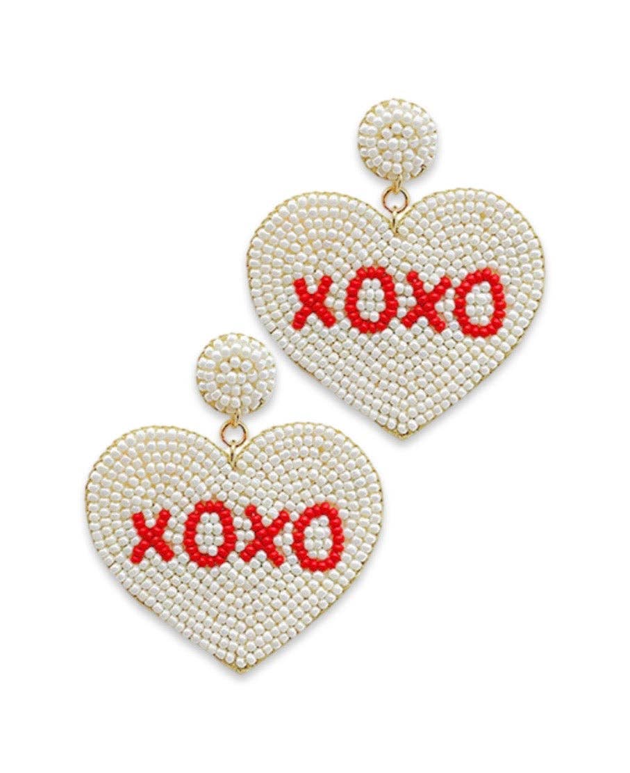 White Beaded XO Heart Earrings | Valentine's Earrings