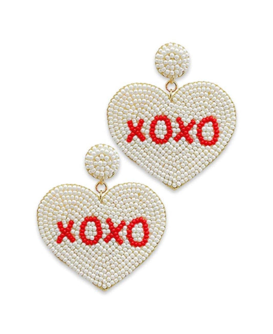 White Beaded XO Heart Earrings | Valentine's Earrings