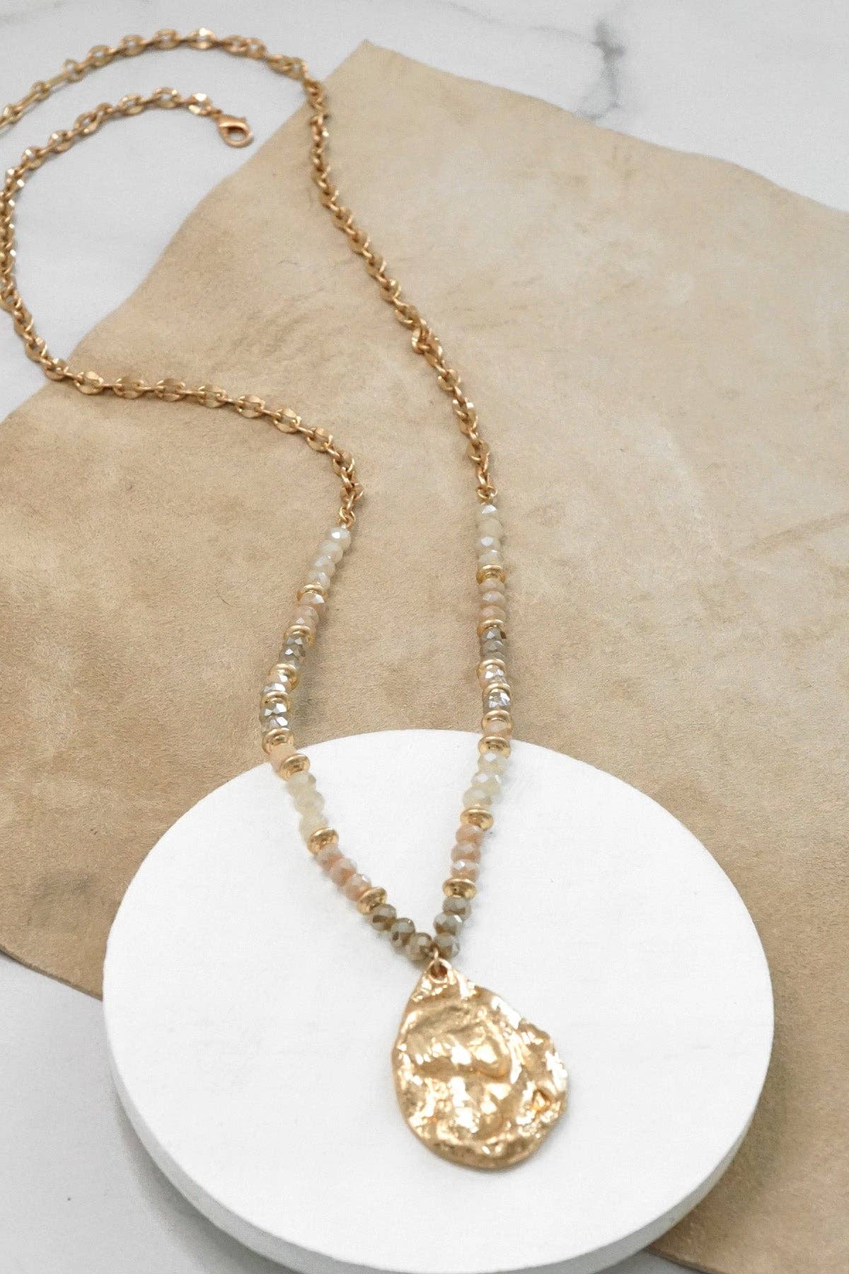 Long Beaded Necklace  Golden Teardrop Pendant