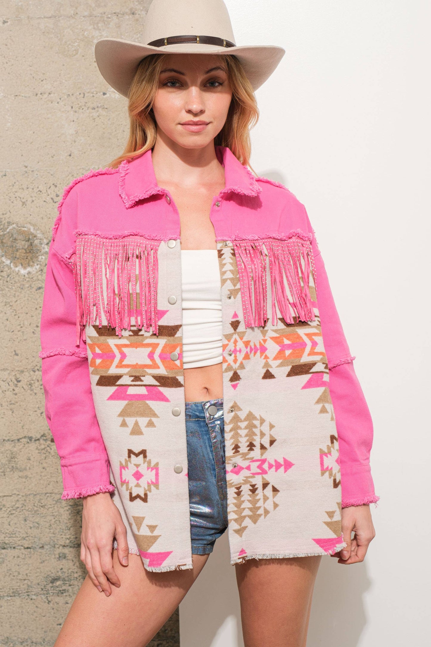Pink Aztec Contrast Frayed Shirt Jacket