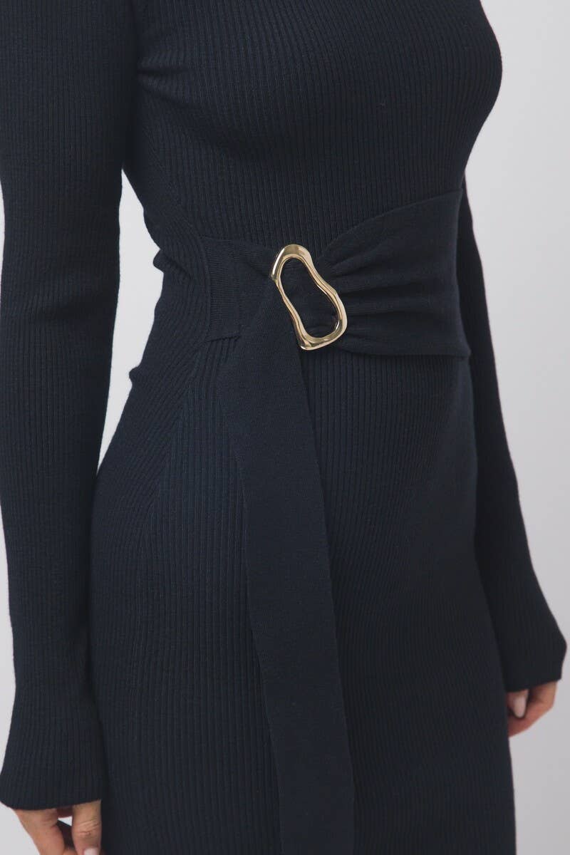 Black Side Tie knit Midi Dress