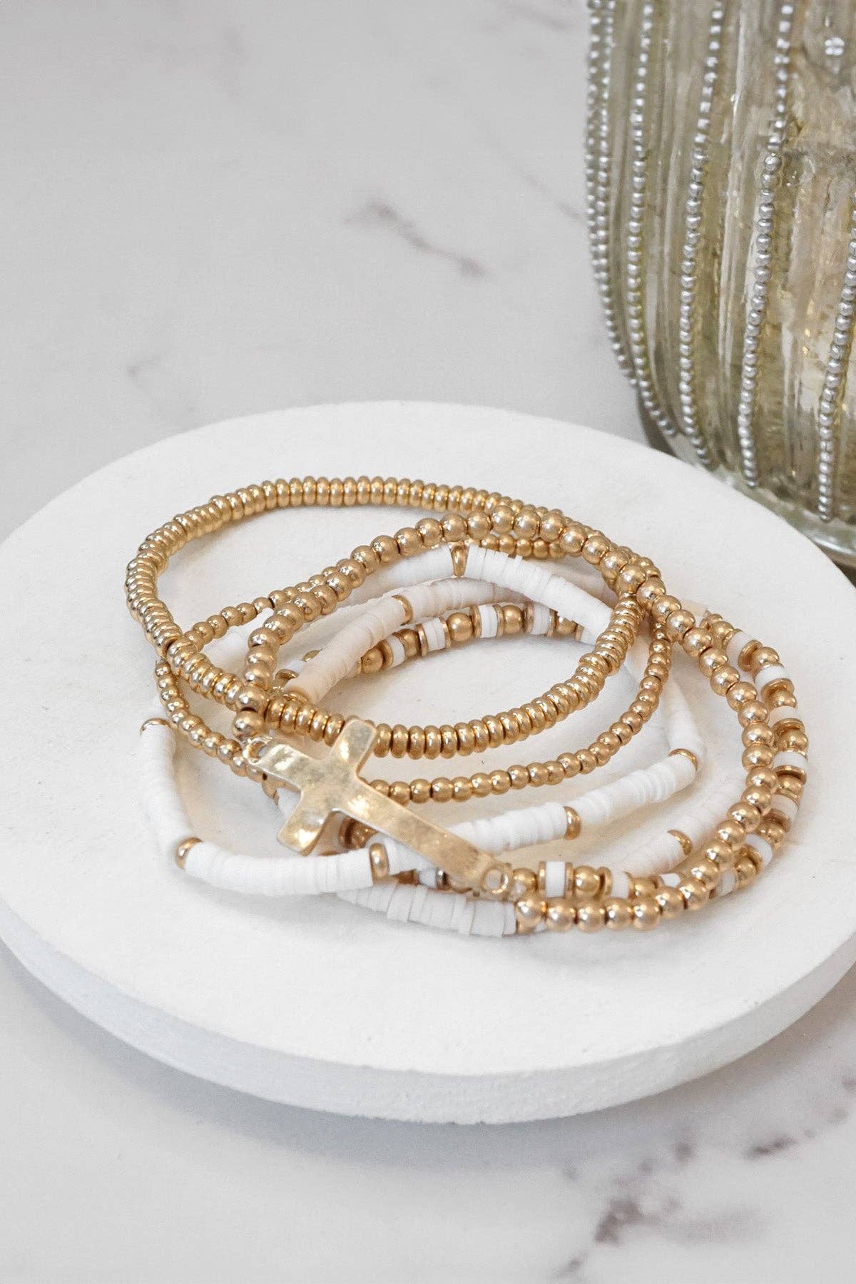 Mini Sideways Cross Bracelet stack Clay and  gold