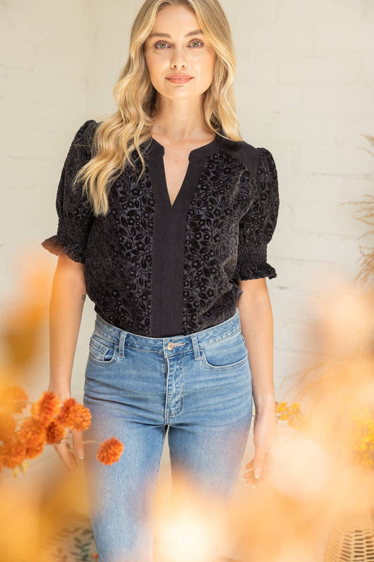Blk Velvet Smocked Short Puff Sleeve Top