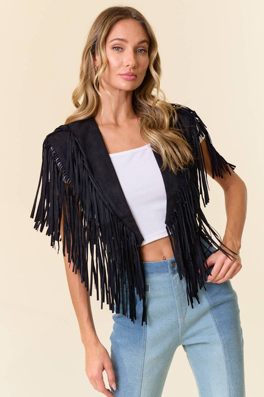 Western Suede Black Fringe Shrug