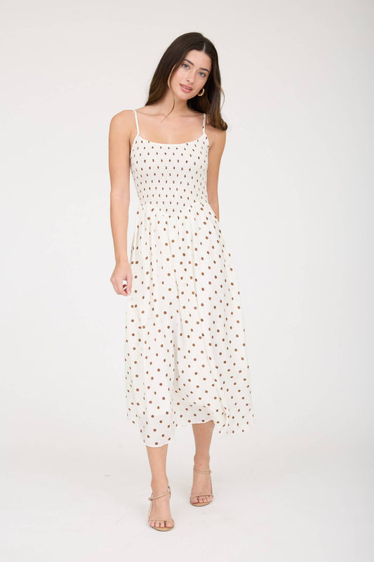 Polka Dot Smocked Basque Waist Midi Dress