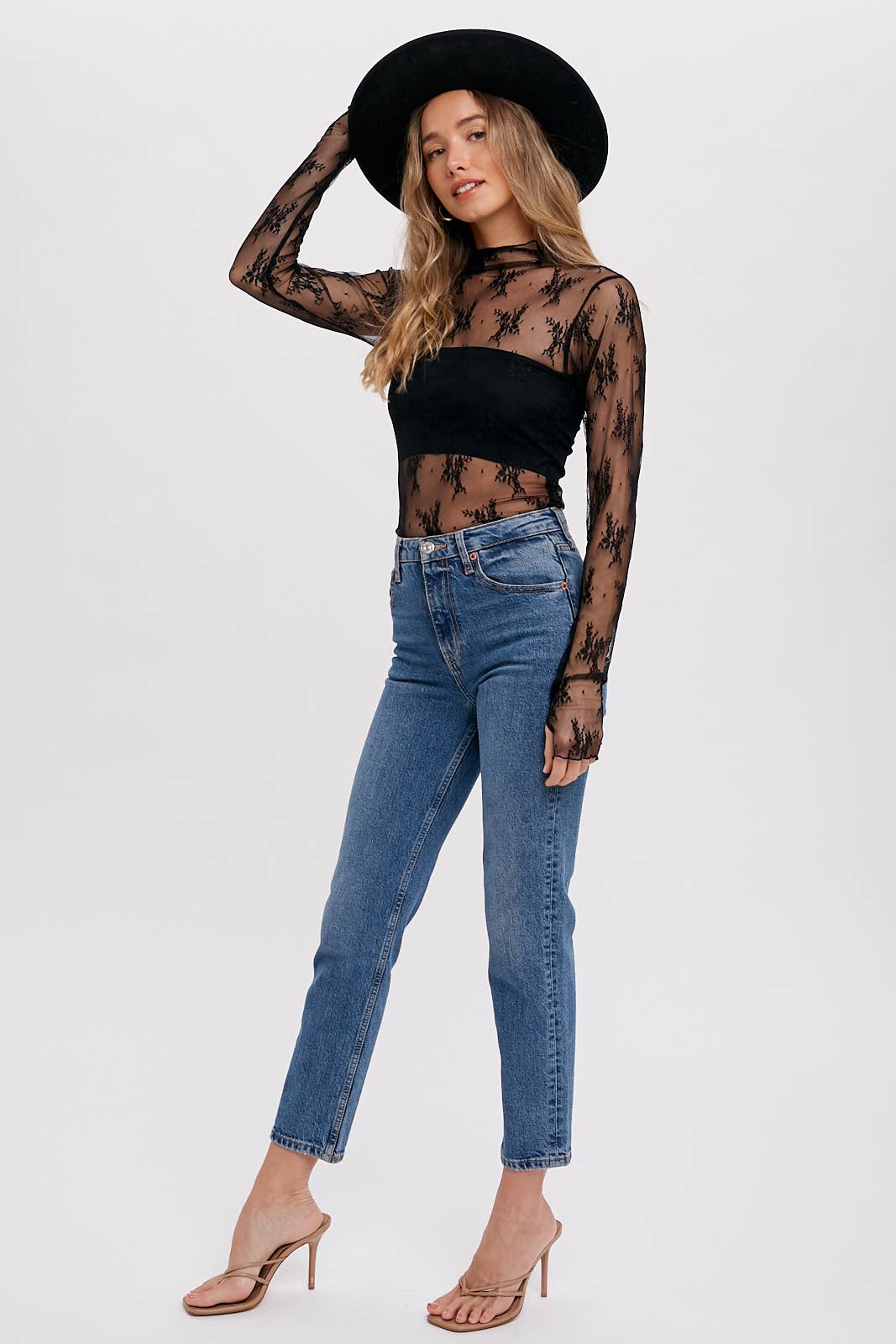FLORAL LACE MESH TOP BLK