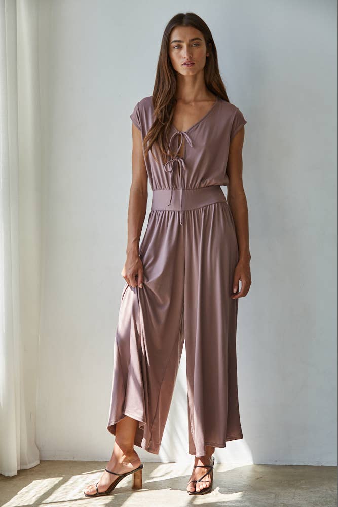 Mocha Knit V-Neck Tied Jumpsuit