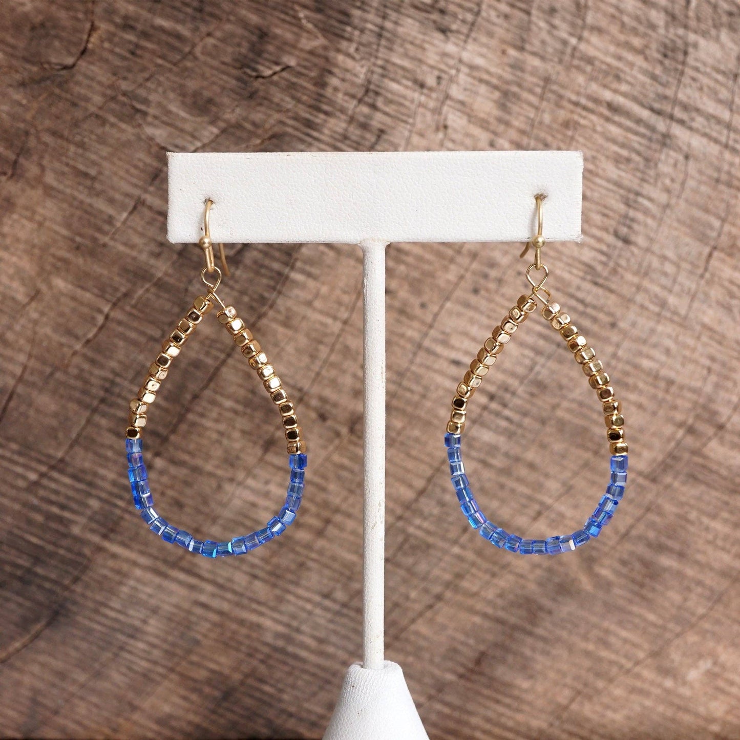 Glass & Gold Beaded Teardrop Earrings Purple