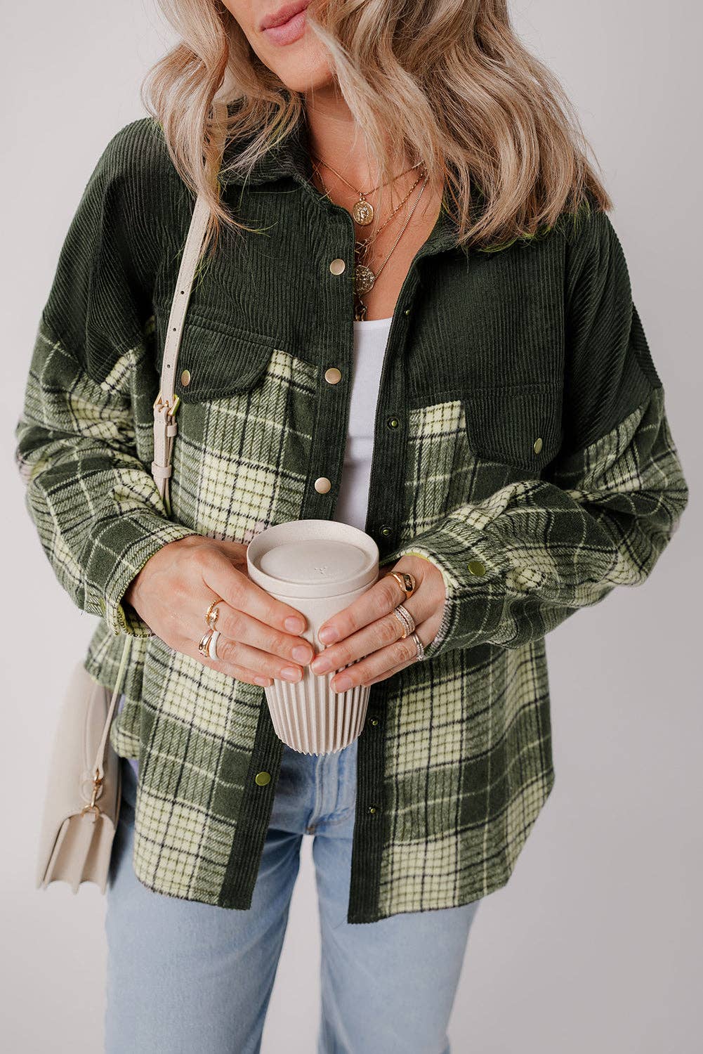 Blackish Green Snap Buttons Plaid Shacket
