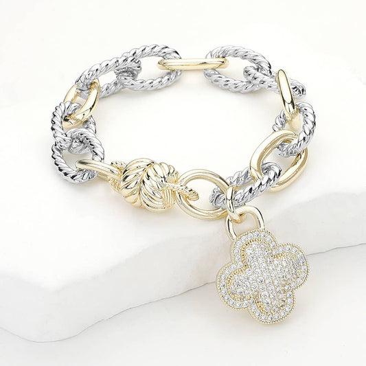 14K Gold Plated Two Tone CZ Paved Quatrefoil Charm Bracelet
