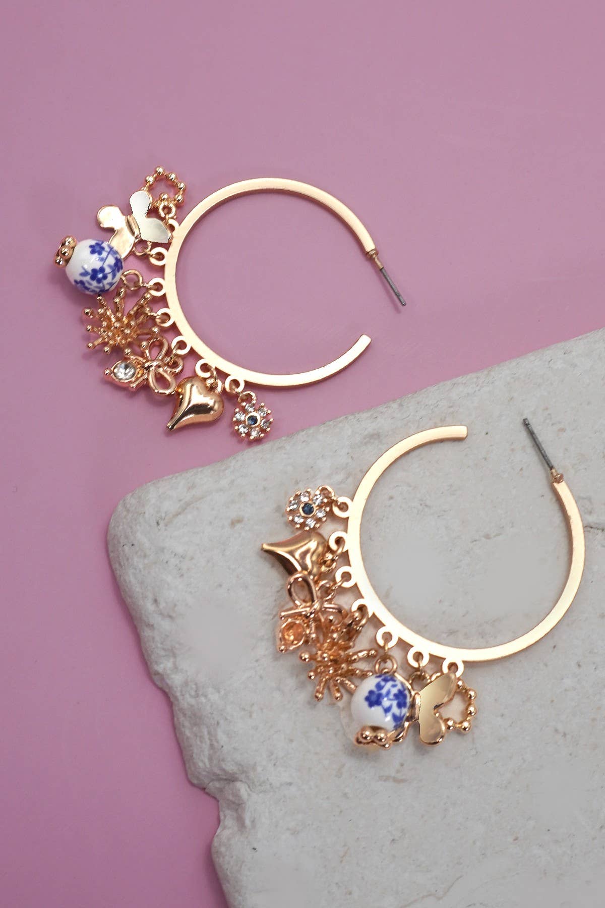 Blue Ceramic Charm Hoop Earrings