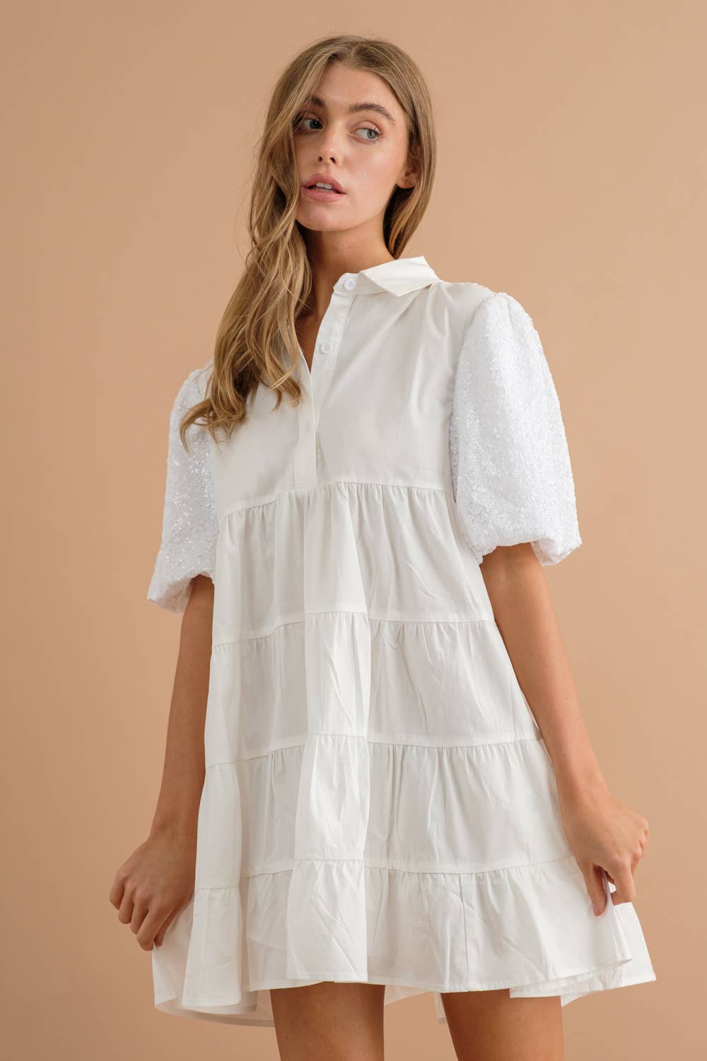 Sequin Puff Tiered Button Up Dress