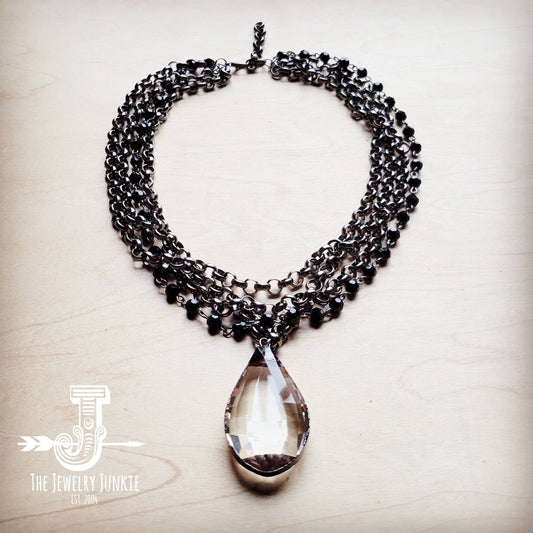 **Black Multi-Strand Collar Necklace w/ Crystal Pendant 256m