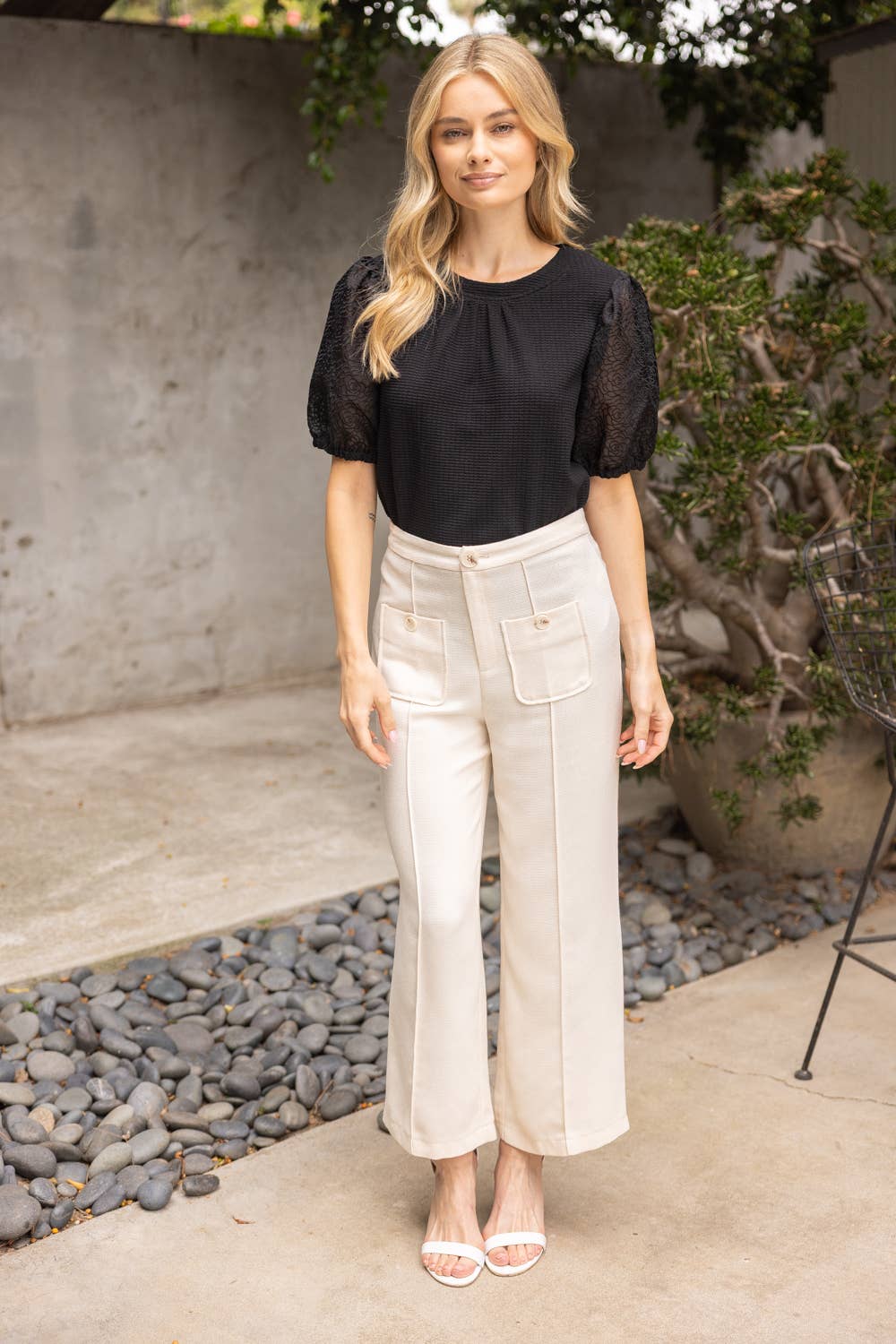 Floral Organza Puff Sleeve Waffle Knit