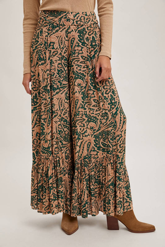 PAISLEY PRINT WIDE RUFFLED PANTS