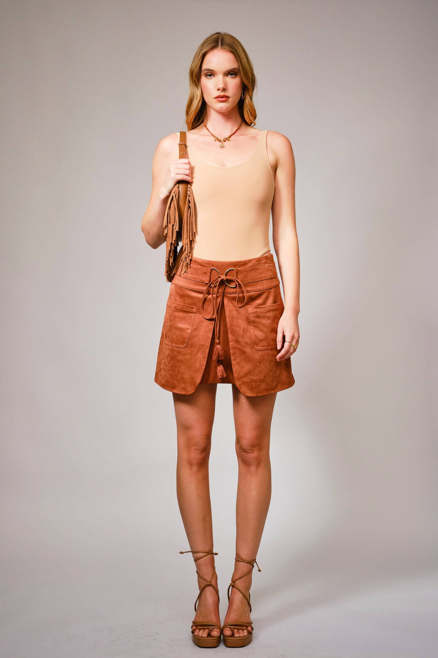 Suede D Ring Tassel Tie Mini Skirt