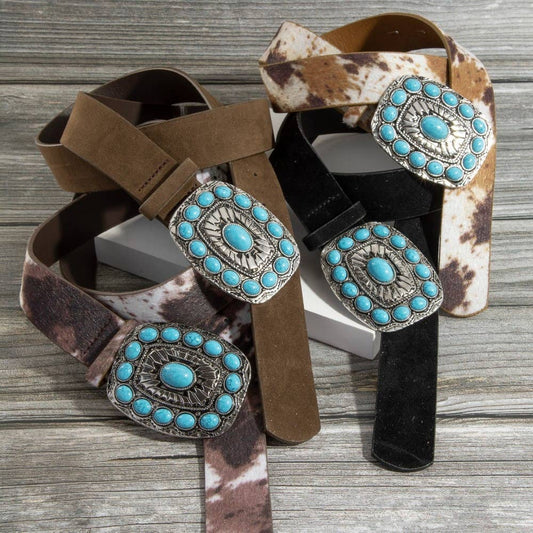Turquoise  Western Concho Buckle Vegan Leather Belt