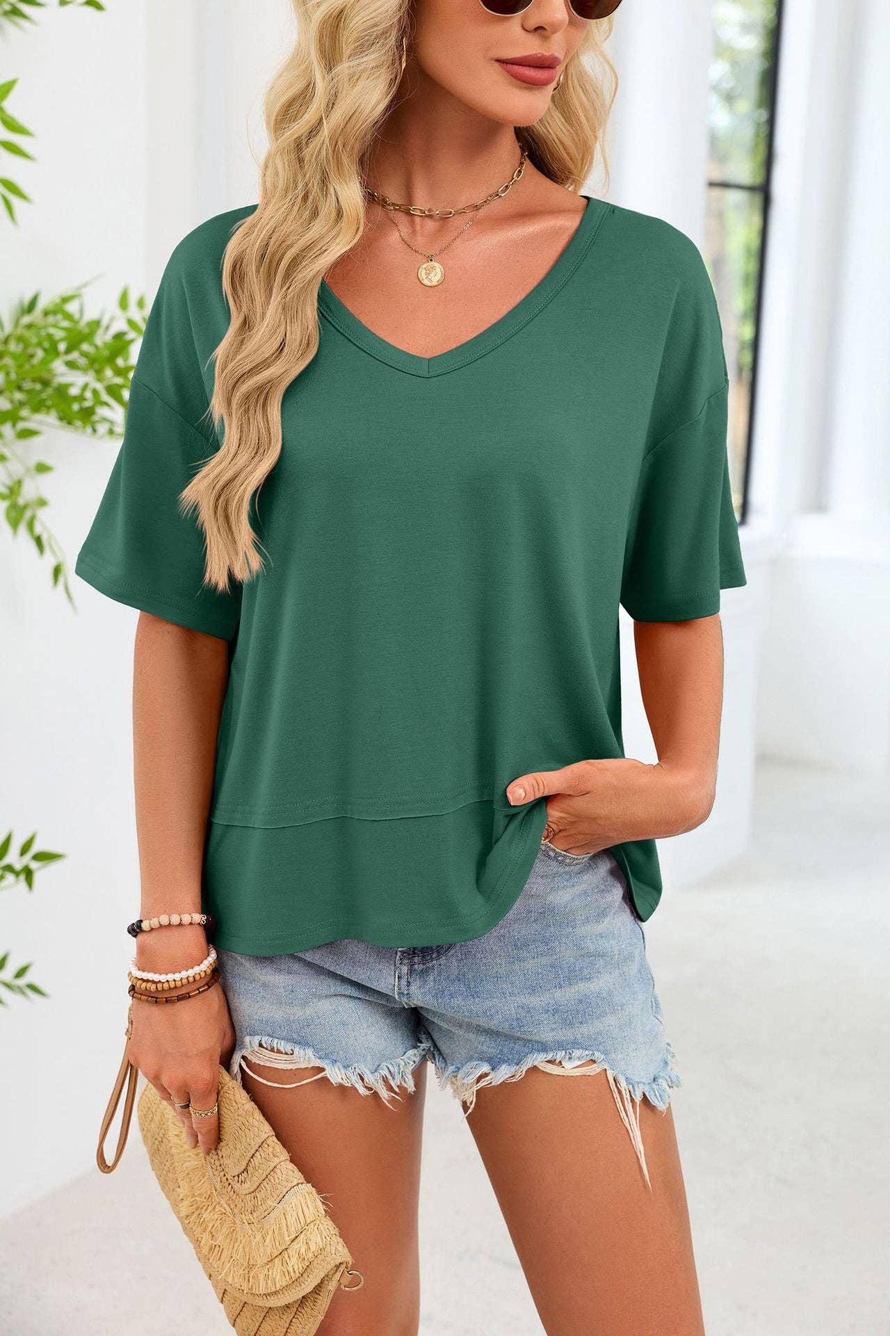 V Neck Loose Fit Tee Casual Short Sleeve Summer Top