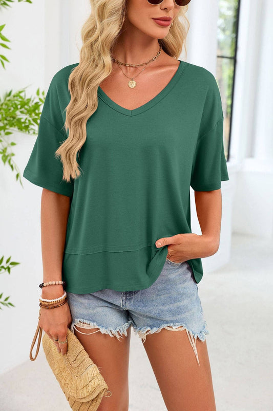 V Neck Loose Fit Tee Casual Short Sleeve Summer Top