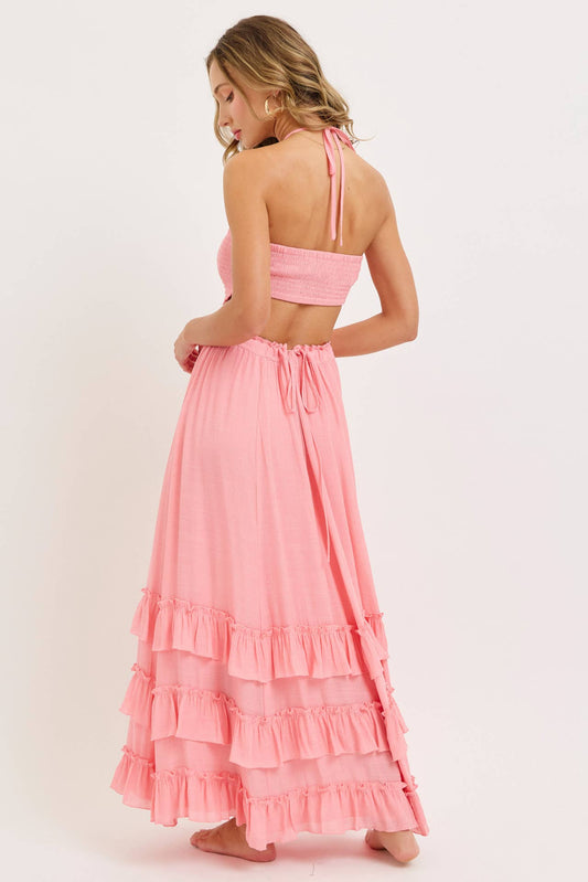 Pink Halter Ruffle Tier Maxi Dress