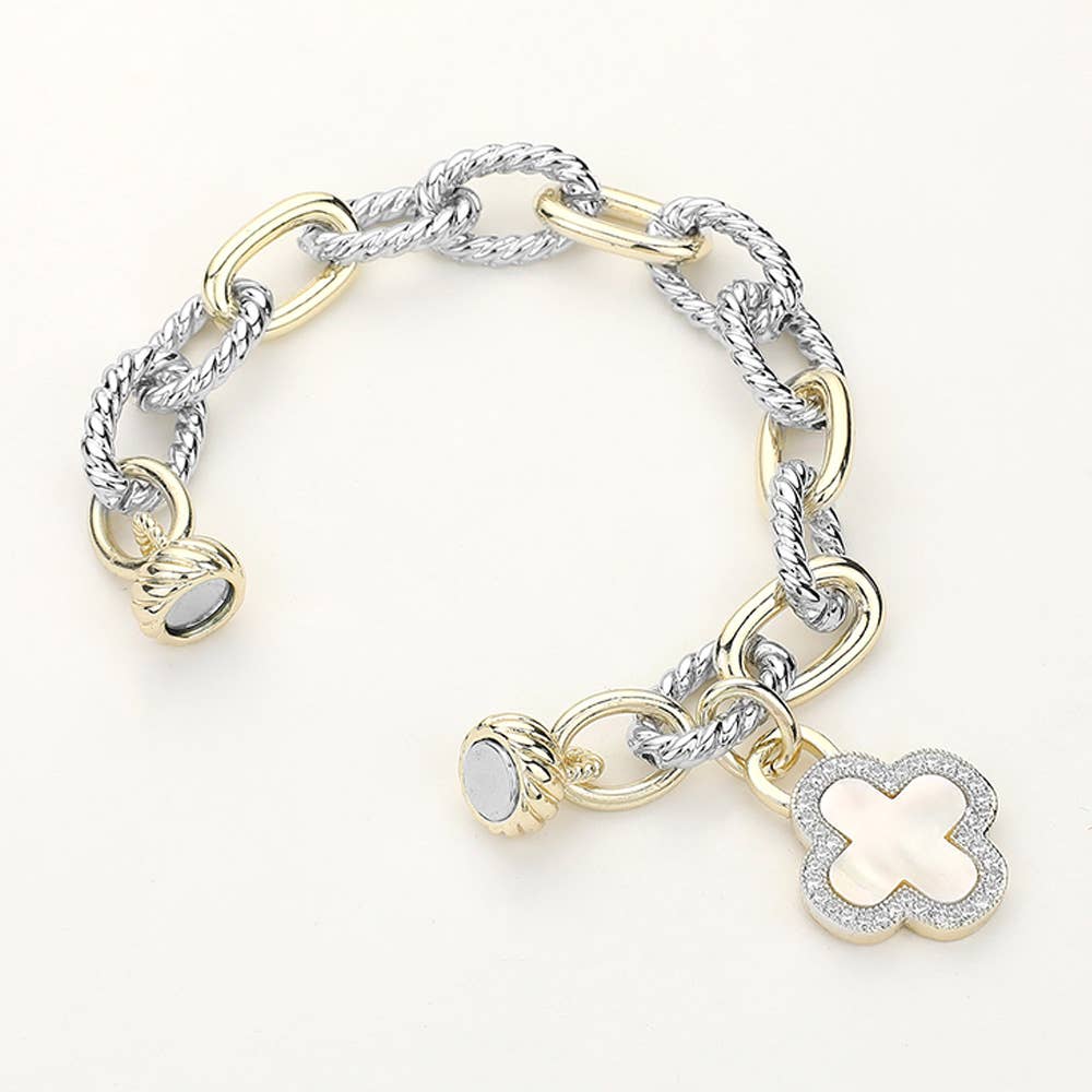 14K Gold Plated Two Tone CZ Paved Quatrefoil Charm Bracelet