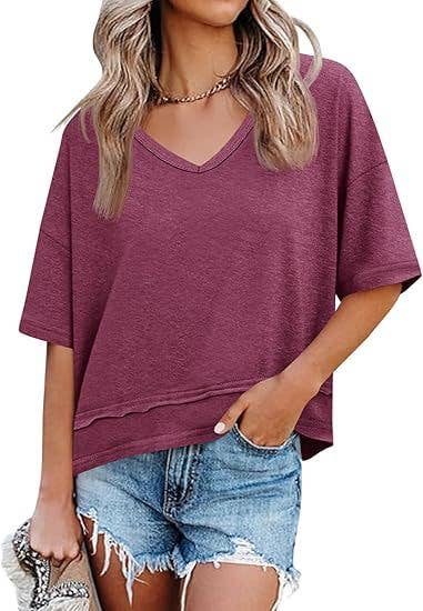 V Neck Loose Fit Tee Casual Short Sleeve Summer Top