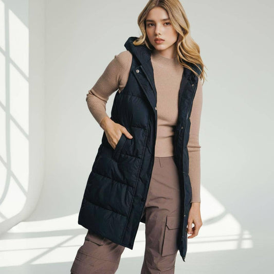 Hooded Long Quilted Puffer Vest