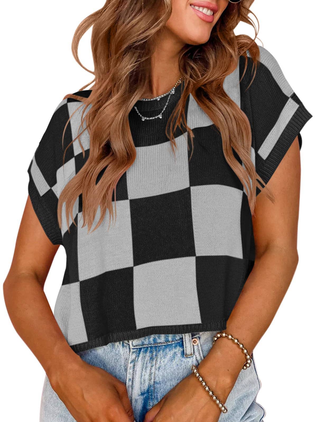 Women’s Colorblock Checkerboard Knit Crop Sweater Tee