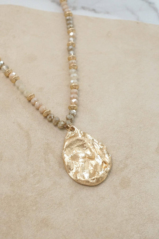 Long Beaded Necklace  Golden Teardrop Pendant